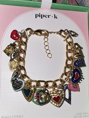 Piper K Gold HEART Charm Bracelet with Multicolor Enamel Hearts HL BNIB